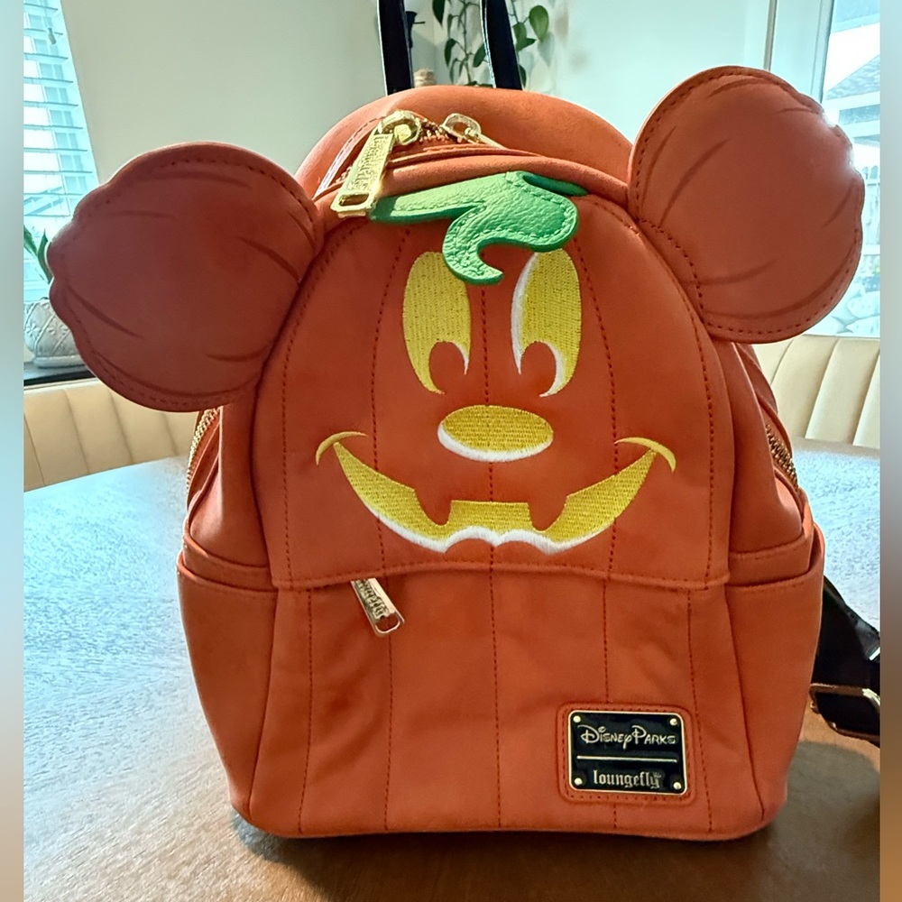 Loungefly Pumpkin Mickey Mini Backpack in Orange with Green Leaf
